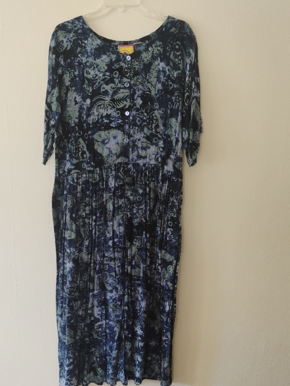 Women's XL Rayon Batik Dress Navy & Sage Button Up Front Import From Indonesia